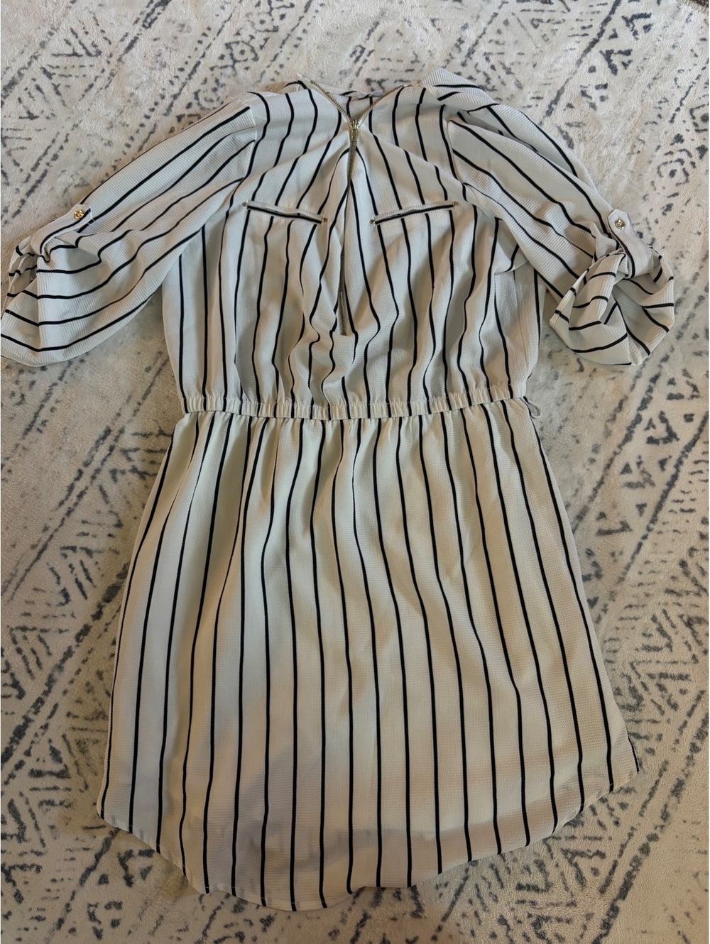 Iris Women's Black and White Striped Dress with Zip and Button Sleeve Detail, L